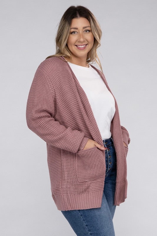 Plus Low Gauge Waffle Open Cardigan Sweater