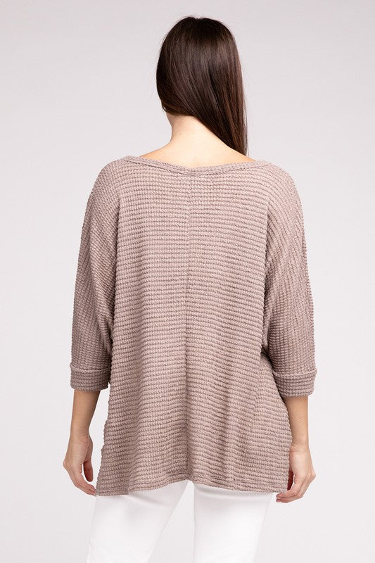 3/4 Sleeve V-Neck Hi-Low Hem Jacquard Sweater