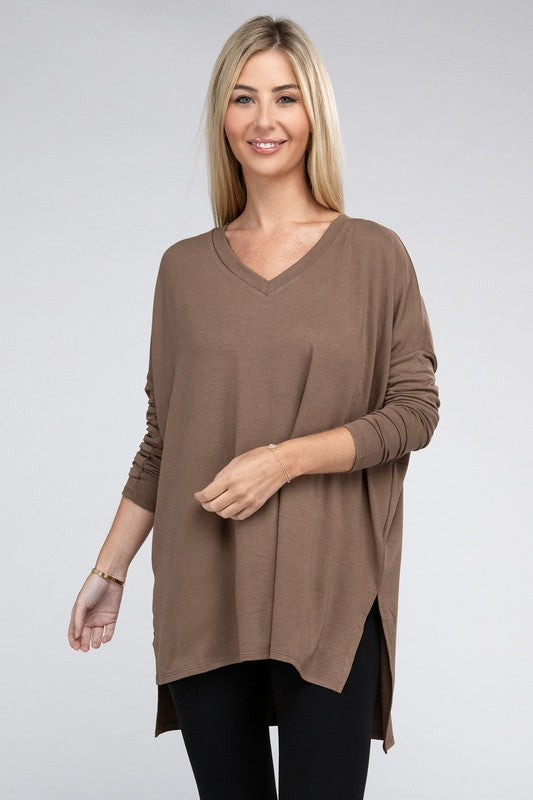 Dolman Long Sleeve V-Neck Side Slit Hi-Low Hem Top