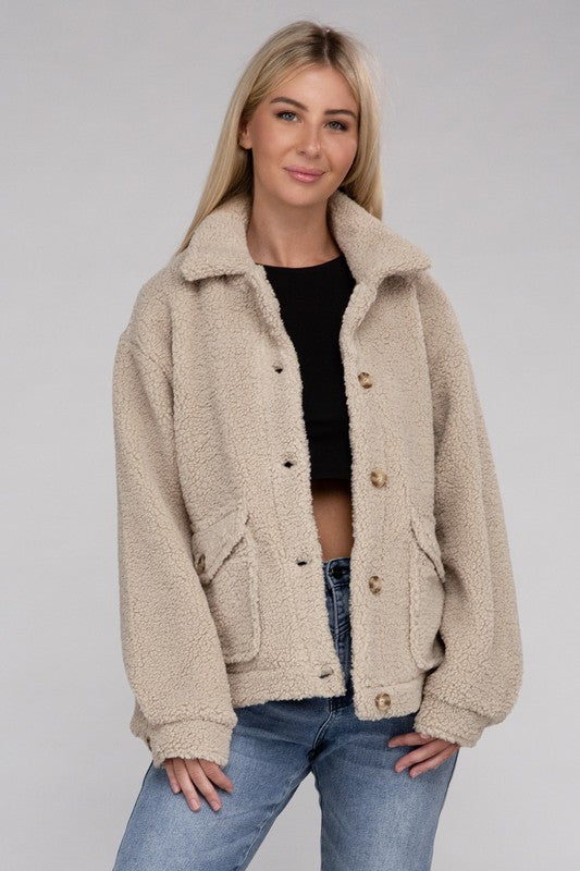 Cozy Sherpa Button-Front Jacket - Jake J Shop