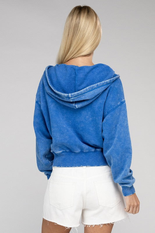 Acid Wash Fleece Cropped Zip-Up Hoodie - Jake J Shop