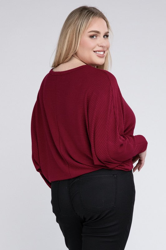 Plus Ribbed Batwing Long Sleeve Boat Neck Sweater