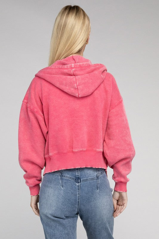 Acid Wash Fleece Cropped Zip-Up Hoodie - Jake J Shop