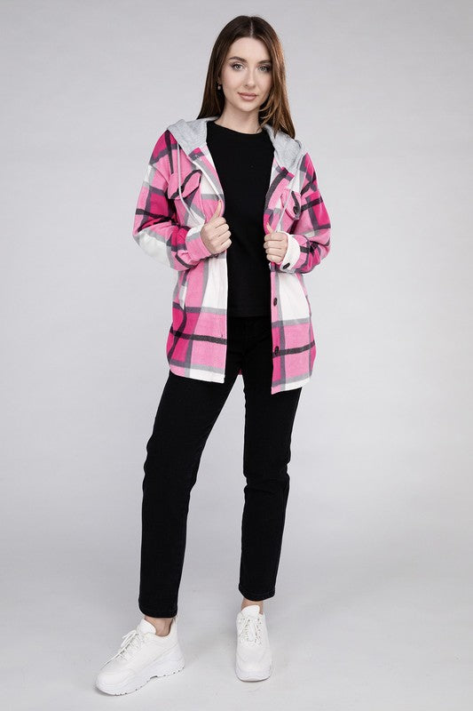 Plaid Drawstring Hooded Fleece Shacket