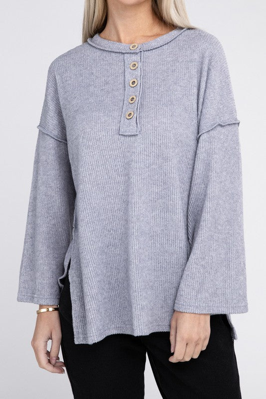 Ribbed Brushed Melange Hacci Henley Sweater