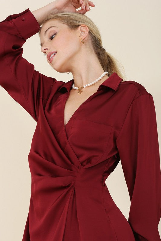 Satin collared wrap mini dress - Jake J Shop