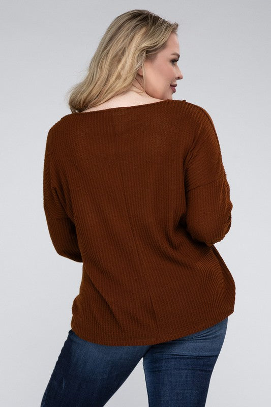 Plus Brushed Waffle V-Neck Button Detail Sweater