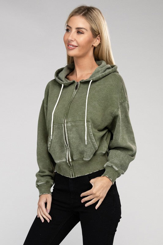 Acid Wash Fleece Cropped Zip-Up Hoodie - Jake J Shop