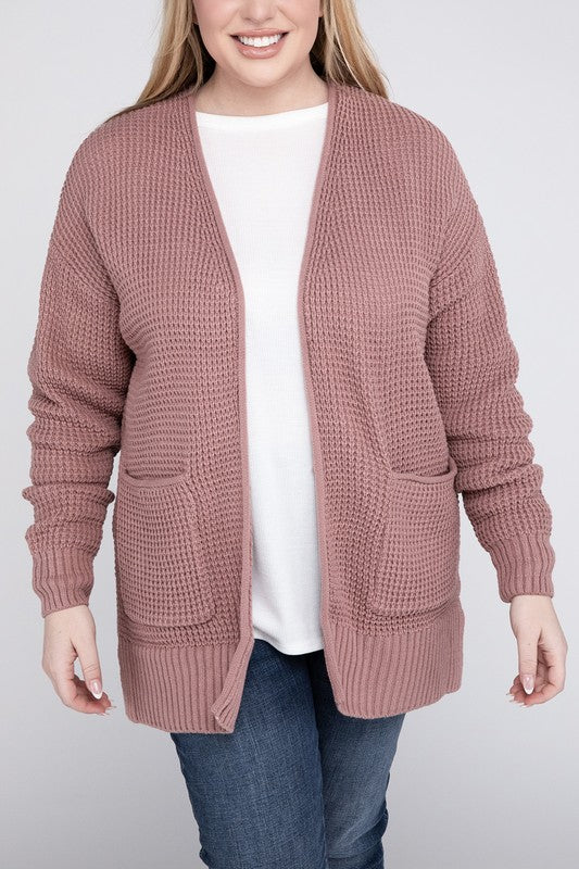 Plus Low Gauge Waffle Open Cardigan Sweater