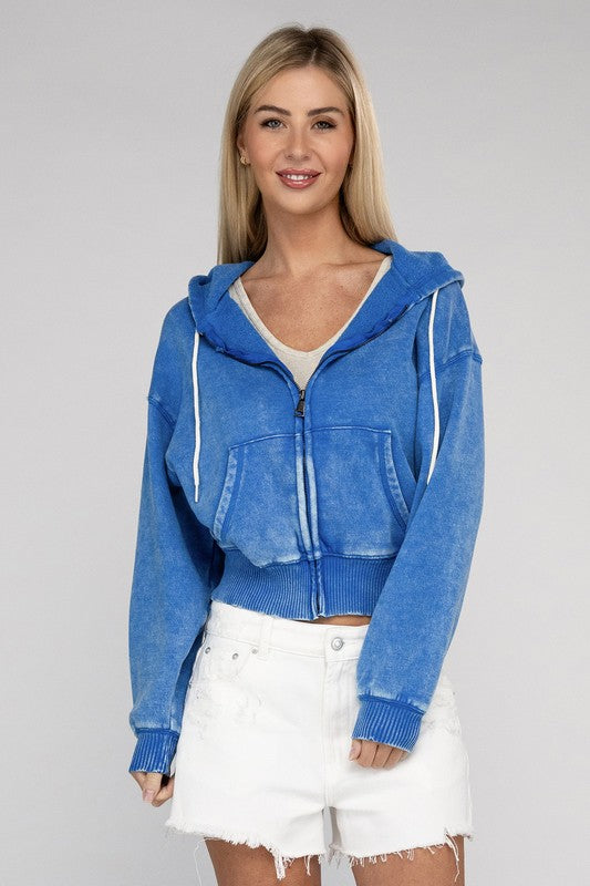 Acid Wash Fleece Cropped Zip-Up Hoodie - Jake J Shop