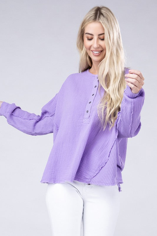 Double Gauze Oversized 3/4 Button Henley Neck Top