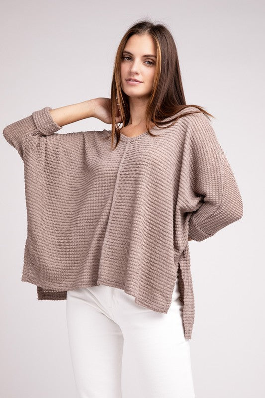 3/4 Sleeve V-Neck Hi-Low Hem Jacquard Sweater