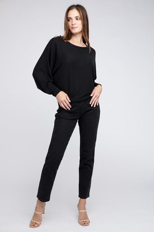 Ribbed Batwing Long Sleeve Boat Neck Sweater