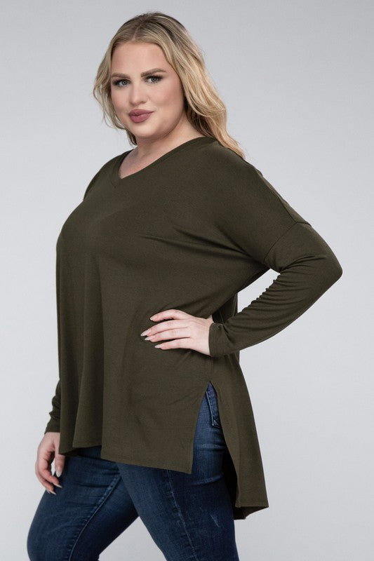 Plus Dolman Sleeve V-Neck Side Slit Hi-Low Hem Top