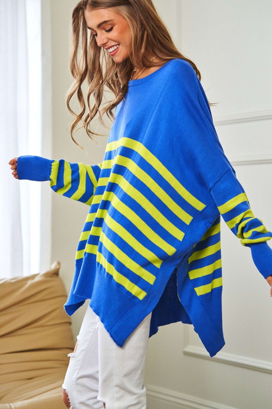 Multi Striped Elbow Patch Loose Fit Sweater Top - Jake J Shop