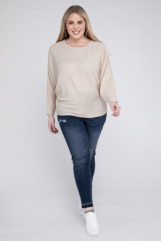 Plus Ribbed Batwing Long Sleeve Boat Neck Sweater