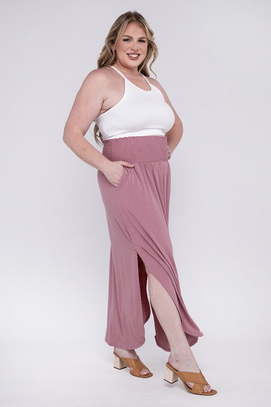 ZENANA Summer Women Plus Size Maxi Skirt w/ Pockets Smocked Waist Side Slit