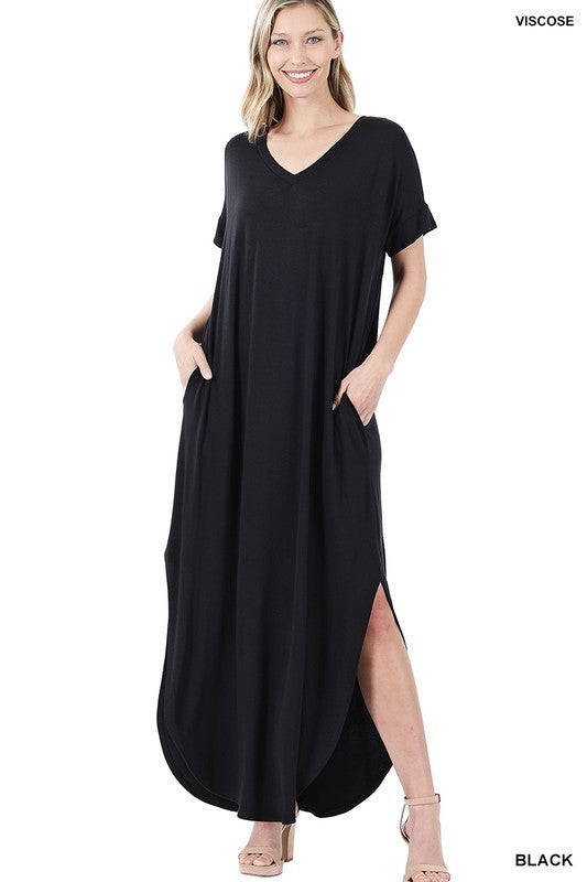 Viscose Fabric V-Neck Short Sleeve Maxi Dress - Jake J Shop