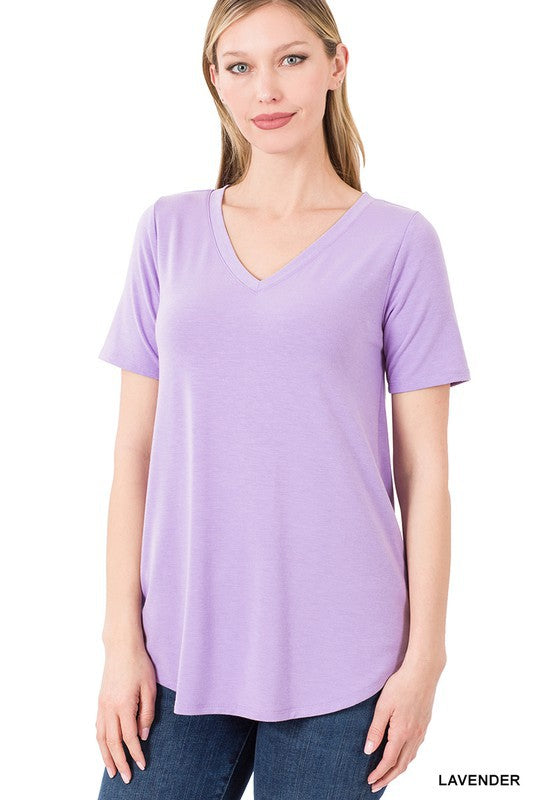 Short Sleeve V-Neck Round Hem Top - Jake J Shop