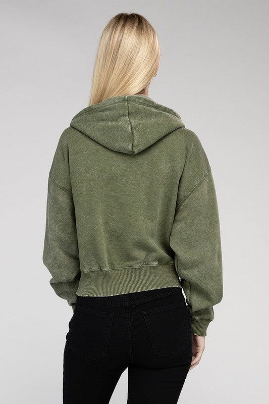 Acid Wash Fleece Cropped Zip-Up Hoodie - Jake J Shop