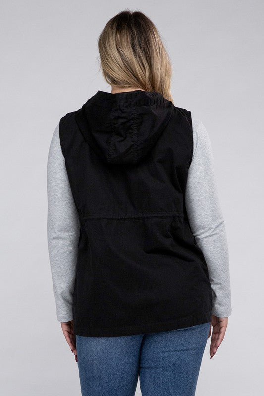 Plus Drawstring Waist Military Hoodie Vest