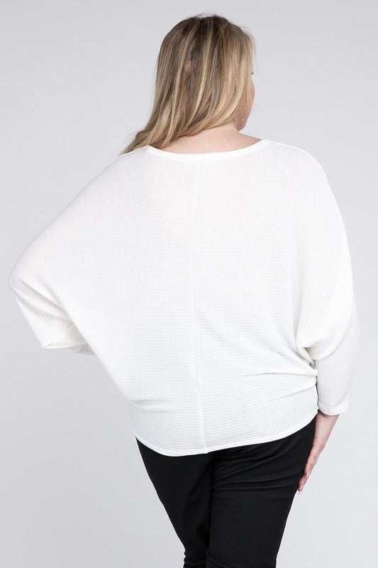 Plus Ribbed Batwing Long Sleeve Boat Neck Sweater