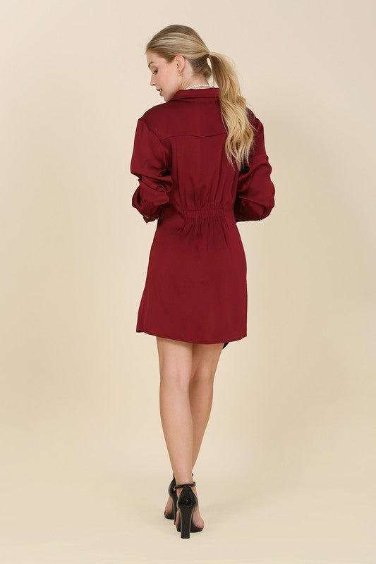 Satin collared wrap mini dress - Jake J Shop